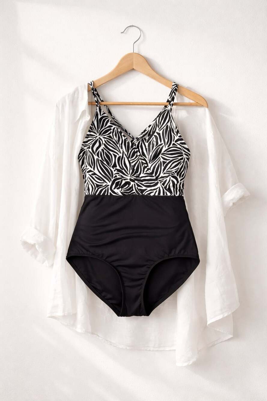 Lands’ End Black White Leaf Print Fauxkini One Piece Swimsuit Small